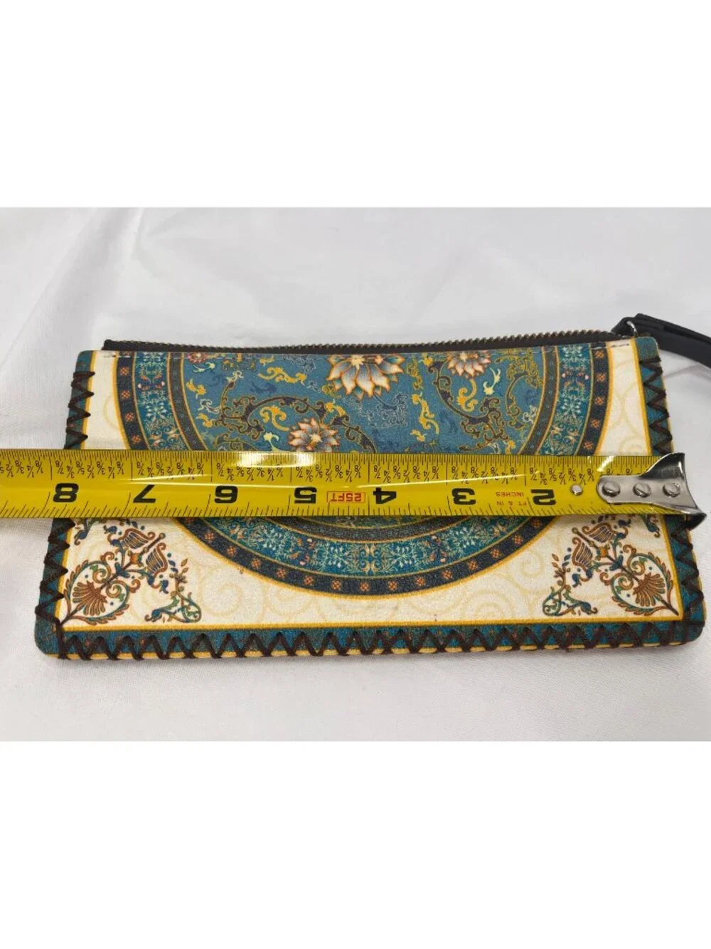 Boho Floral Medallion Wristlet Wallet Teal Cream Whipstitch Zip Organizer